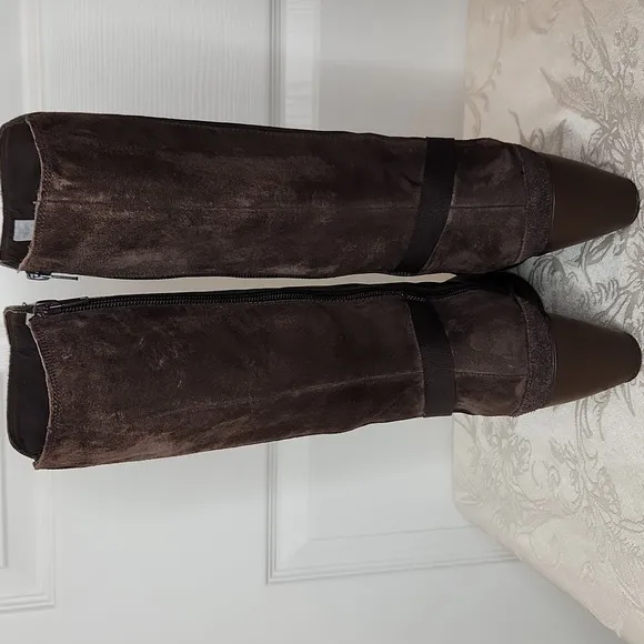 Merrell Evera Fade espresso mid calf leather and suede heel boots