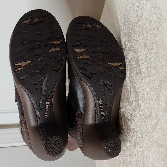 Merrell Evera Fade espresso mid calf leather and suede heel boots