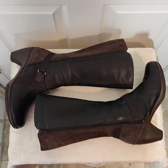 Merrell Evera Fade espresso mid calf leather and suede heel boots