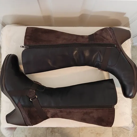 Merrell Evera Fade espresso mid calf leather and suede heel boots