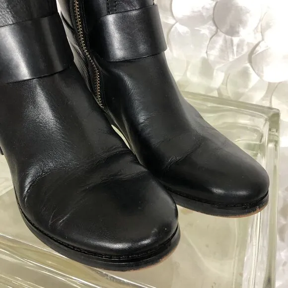 Michael Kors Black Brown Leather Side Zip Harness Tall Riding Classic 6 Boots
