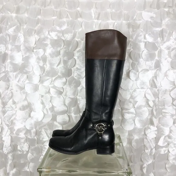 Michael Kors Black Brown Leather Side Zip Harness Tall Riding Classic 6 Boots