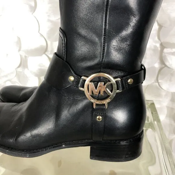 Michael Kors Black Brown Leather Side Zip Harness Tall Riding Classic 6 Boots