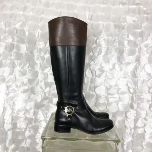Michael Kors Black Brown Leather Side Zip Harness Tall Riding Classic 6 Boots