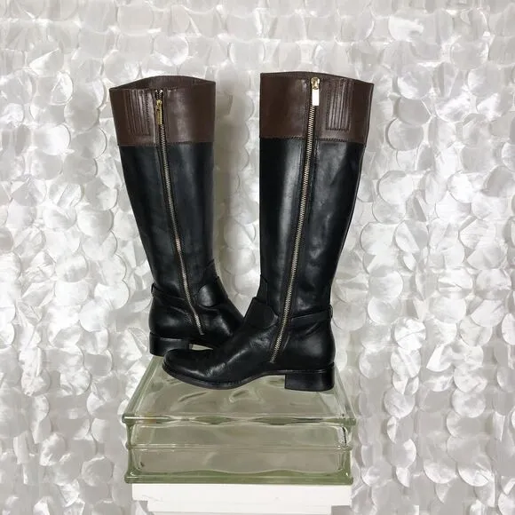 Michael Kors Black Brown Leather Side Zip Harness Tall Riding Classic 6 Boots