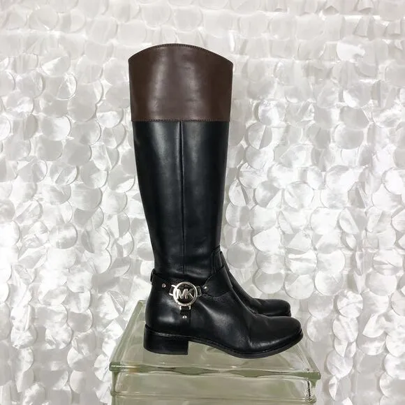 Michael Kors Black Brown Leather Side Zip Harness Tall Riding Classic 6 Boots