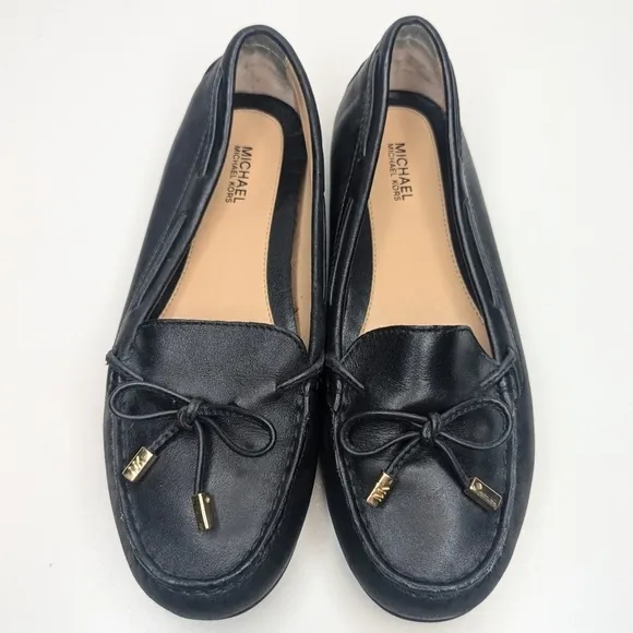 Michael Kors black soft leather loafers moccasin driving tassel gold size 7