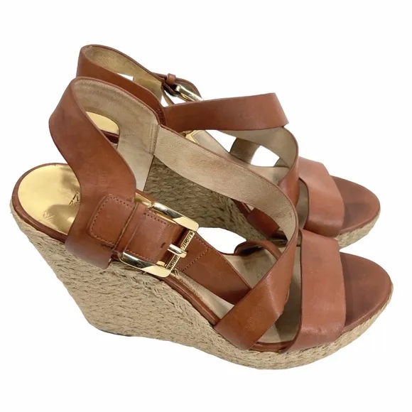 Michael Kors Giovanna Leather Wedge Espadrilles High Heel Sandals Size 9