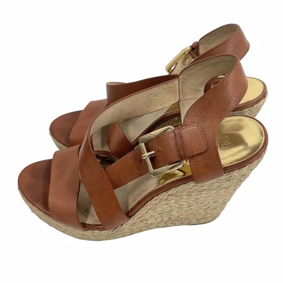 Michael Kors Giovanna Leather Wedge Espadrilles High Heel Sandals Size 9