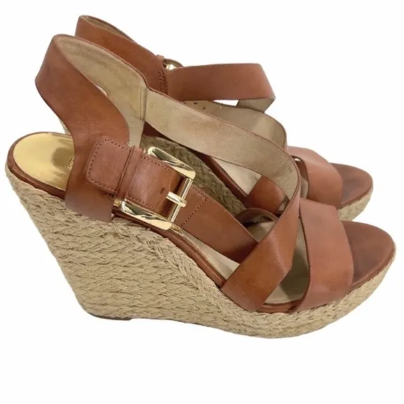 Michael Kors Giovanna Leather Wedge Espadrilles High Heel Sandals Size 9