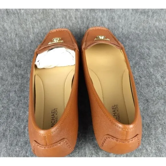 Michael Kors Hamilton Leather Loafer Cognac Gold MK Logo Padlock‎ Womens 7.5 NEW