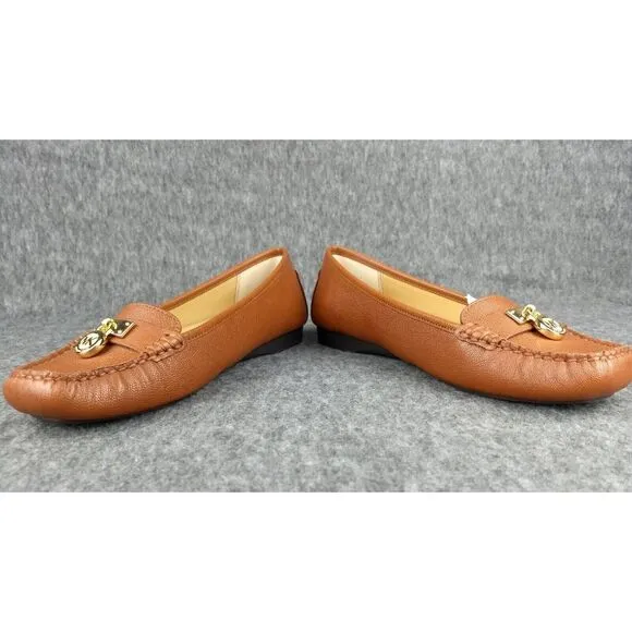 Michael Kors Hamilton Leather Loafer Cognac Gold MK Logo Padlock‎ Womens 7.5 NEW
