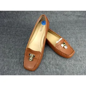 Michael Kors Hamilton Leather Loafer Cognac Gold MK Logo Padlock‎ Womens 7.5 NEW