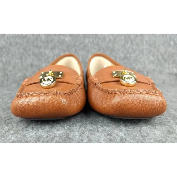 Michael Kors Hamilton Leather Loafer Cognac Gold MK Logo Padlock‎ Womens 7.5 NEW