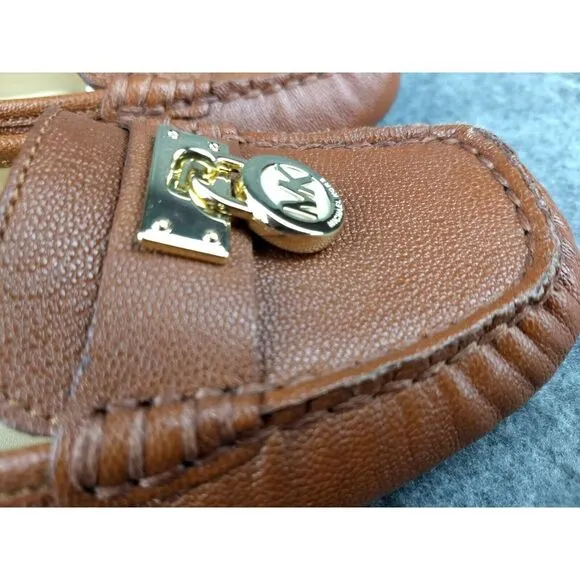 Michael Kors Hamilton Leather Loafer Cognac Gold MK Logo Padlock‎ Womens 7.5 NEW