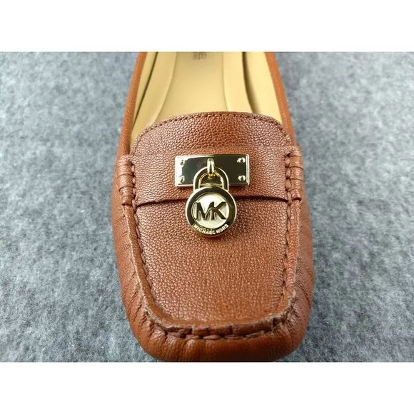 Michael Kors Hamilton Leather Loafer Cognac Gold MK Logo Padlock‎ Womens 7.5 NEW