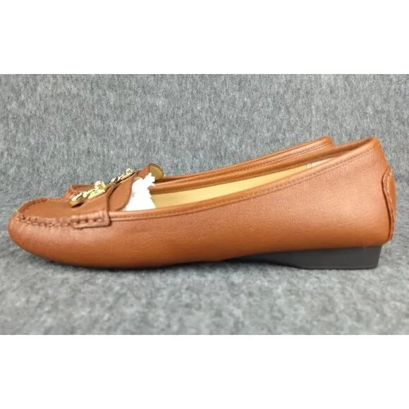 Michael Kors Hamilton Leather Loafer Cognac Gold MK Logo Padlock‎ Womens 7.5 NEW