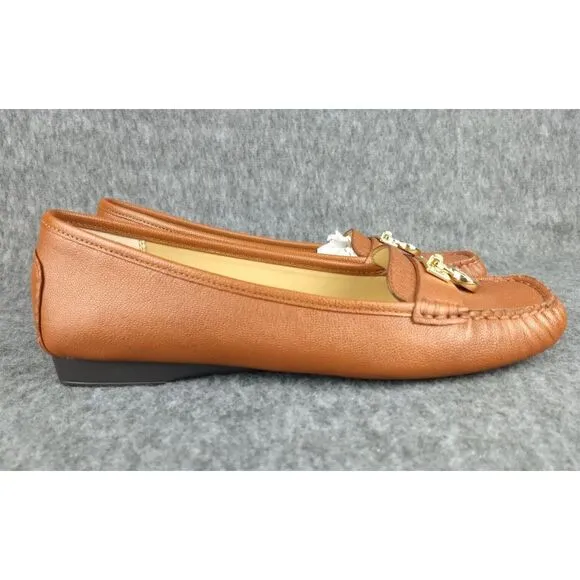 Michael Kors Hamilton Leather Loafer Cognac Gold MK Logo Padlock‎ Womens 7.5 NEW