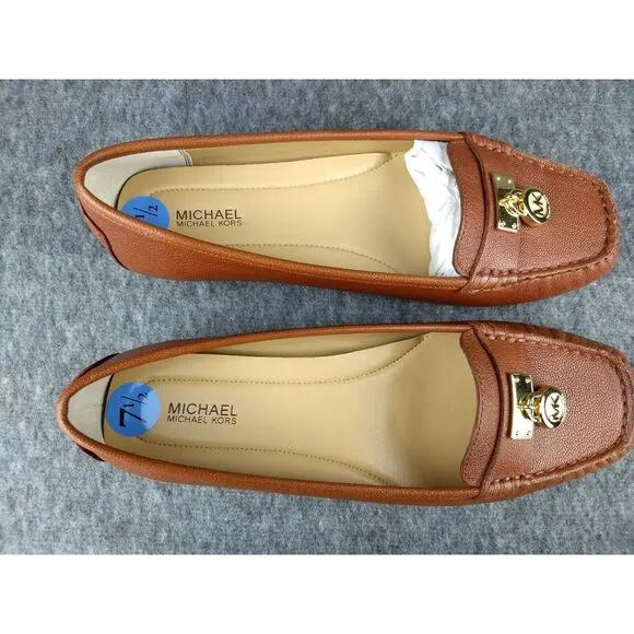 Michael Kors Hamilton Leather Loafer Cognac Gold MK Logo Padlock‎ Womens 7.5 NEW