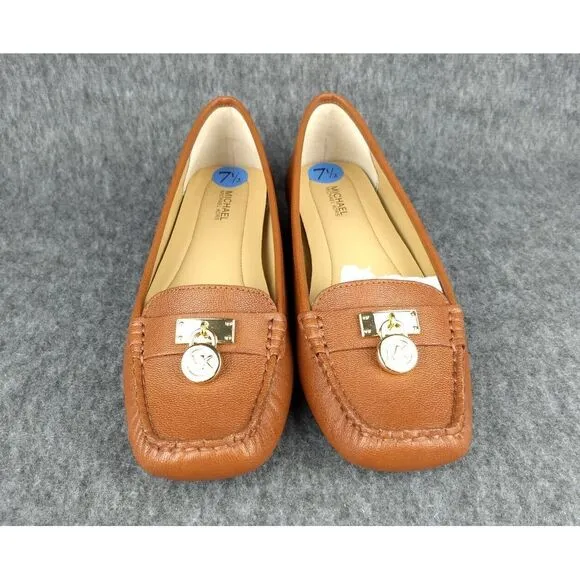 Michael Kors Hamilton Leather Loafer Cognac Gold MK Logo Padlock‎ Womens 7.5 NEW