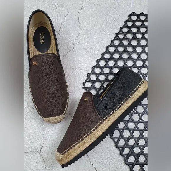 MICHAEL KORS HASTINGS MK PRINT GOLD PLATFORM ESPADRILLES
