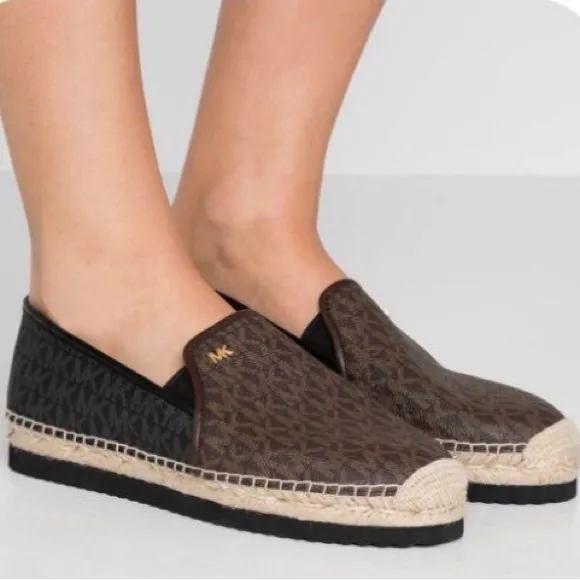 MICHAEL KORS HASTINGS MK PRINT GOLD PLATFORM ESPADRILLES