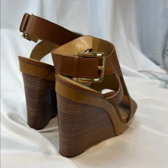 MICHAEL KORS, Josephine, Brown Leather Wedge Sandals, women, Sling Back, 9.5M