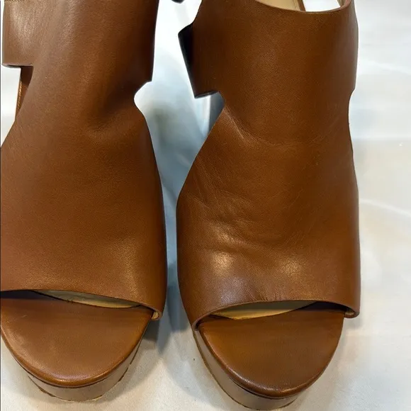MICHAEL KORS, Josephine, Brown Leather Wedge Sandals, women, Sling Back, 9.5M