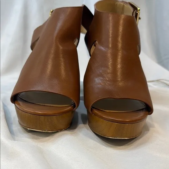 MICHAEL KORS, Josephine, Brown Leather Wedge Sandals, women, Sling Back, 9.5M