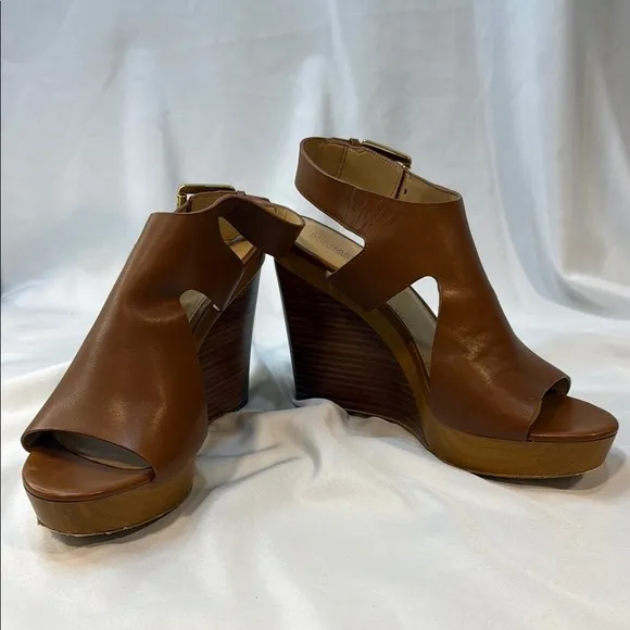 MICHAEL KORS, Josephine, Brown Leather Wedge Sandals, women, Sling Back, 9.5M