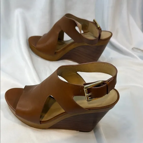 MICHAEL KORS, Josephine, Brown Leather Wedge Sandals, women, Sling Back, 9.5M
