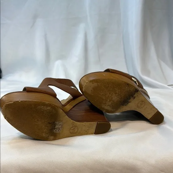 MICHAEL KORS, Josephine, Brown Leather Wedge Sandals, women, Sling Back, 9.5M