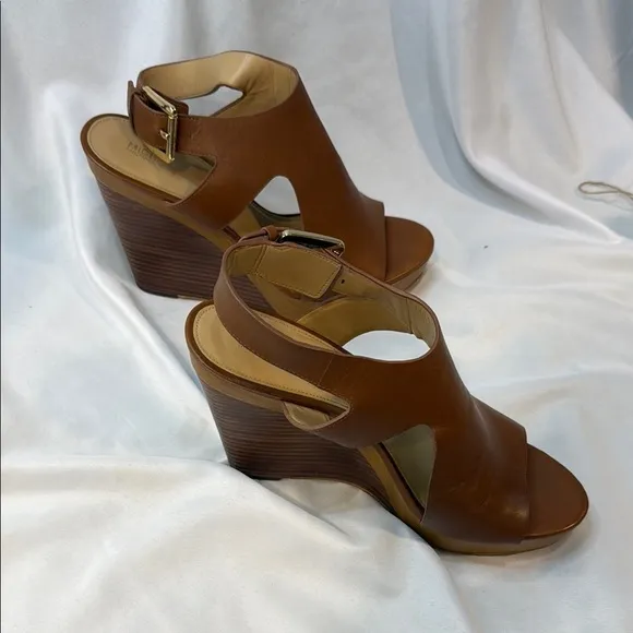 MICHAEL KORS, Josephine, Brown Leather Wedge Sandals, women, Sling Back, 9.5M