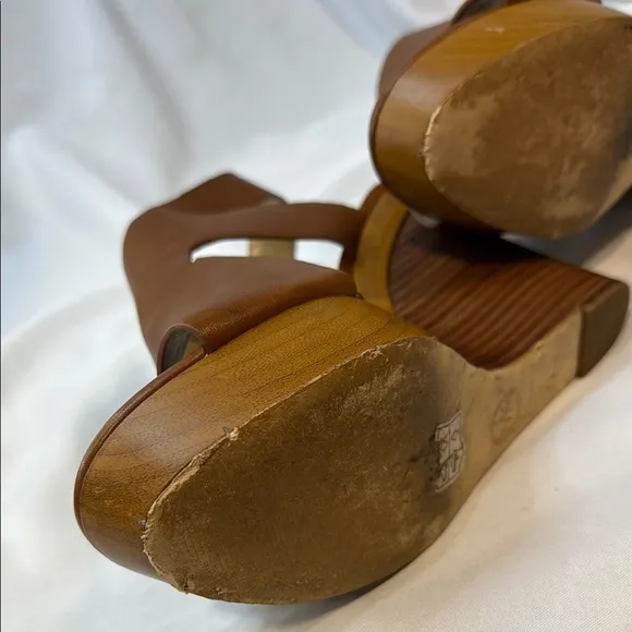 MICHAEL KORS, Josephine, Brown Leather Wedge Sandals, women, Sling Back, 9.5M