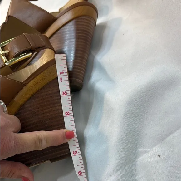 MICHAEL KORS, Josephine, Brown Leather Wedge Sandals, women, Sling Back, 9.5M