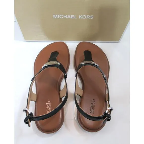 Michael Kors MK Plate Thong Flat T-Strap Sandals Black Size 7