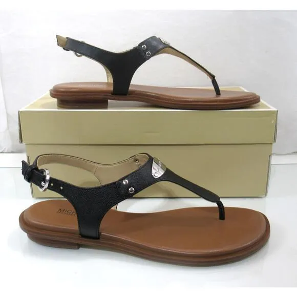 Michael Kors MK Plate Thong Flat T-Strap Sandals Black Size 7