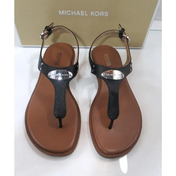 Michael Kors MK Plate Thong Flat T-Strap Sandals Black Size 7