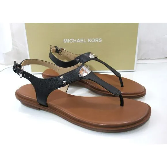 Michael Kors MK Plate Thong Flat T-Strap Sandals Black Size 7