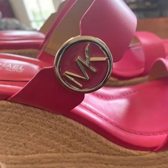 Michael Kors Pink Leather Espadrille Lucinda Wedge Sandals Platform Size 6.5‎