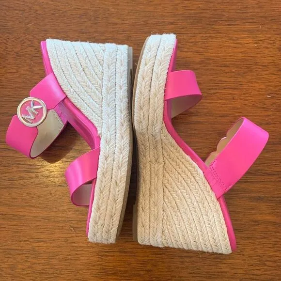 Michael Kors Pink Leather Espadrille Lucinda Wedge Sandals Platform Size 6.5‎
