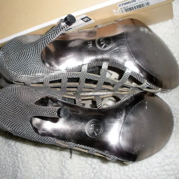 Michael Kors,  Silver open toed sandals. Leather silver metallic heels