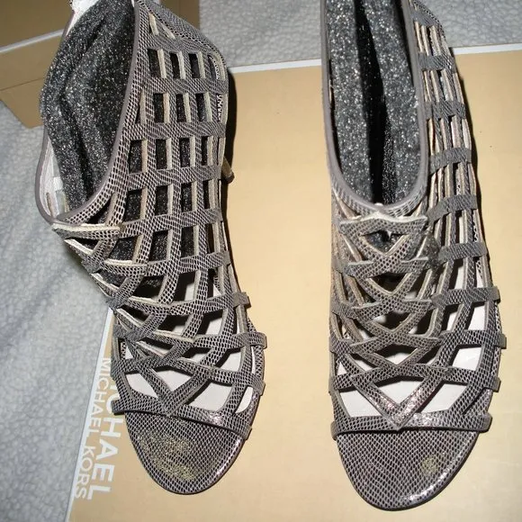 Michael Kors,  Silver open toed sandals. Leather silver metallic heels