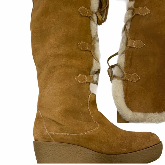 MICHAEL KORS Suede Wedge Boots Lace Up Sz 7.5 Mid-Calf