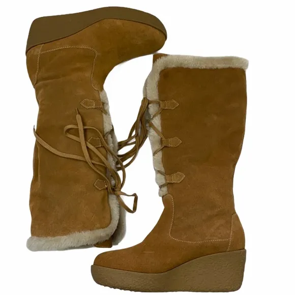 MICHAEL KORS Suede Wedge Boots Lace Up Sz 7.5 Mid-Calf