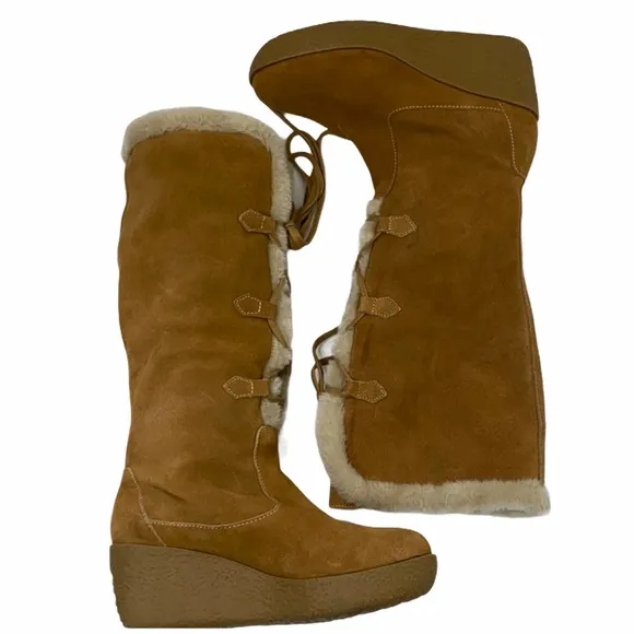 MICHAEL KORS Suede Wedge Boots Lace Up Sz 7.5 Mid-Calf