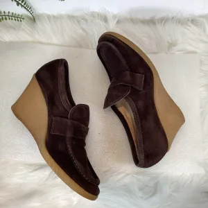 MICHAEL KORS VTG SUEDE LEATHER WEDGE HEEL PENNY LOAFERS CHOCOLATE BROWN SZ 7.5