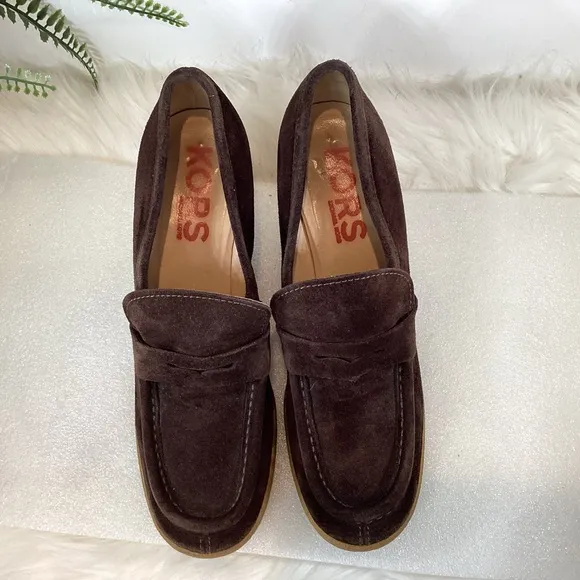 MICHAEL KORS VTG SUEDE LEATHER WEDGE HEEL PENNY LOAFERS CHOCOLATE BROWN SZ 7.5