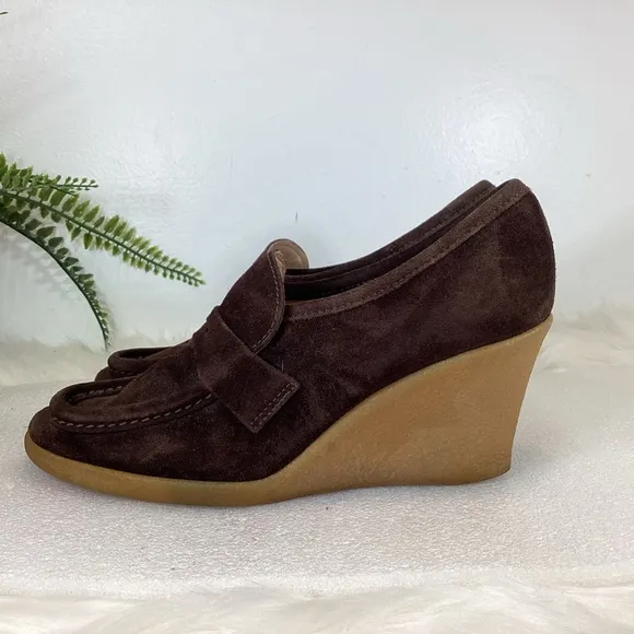 MICHAEL KORS VTG SUEDE LEATHER WEDGE HEEL PENNY LOAFERS CHOCOLATE BROWN SZ 7.5