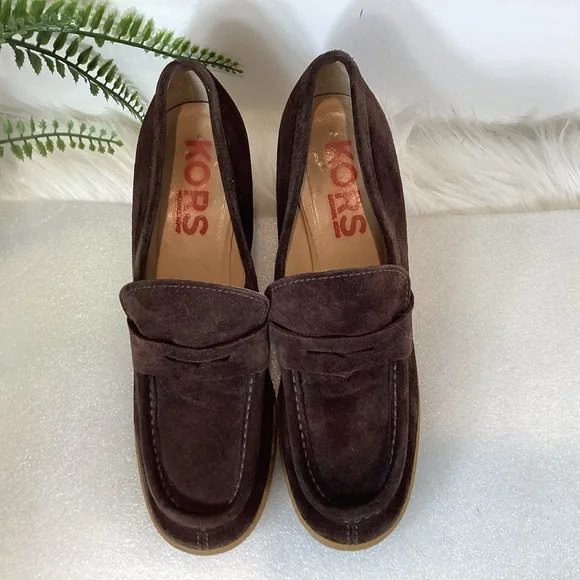 MICHAEL KORS VTG SUEDE LEATHER WEDGE HEEL PENNY LOAFERS CHOCOLATE BROWN SZ 7.5